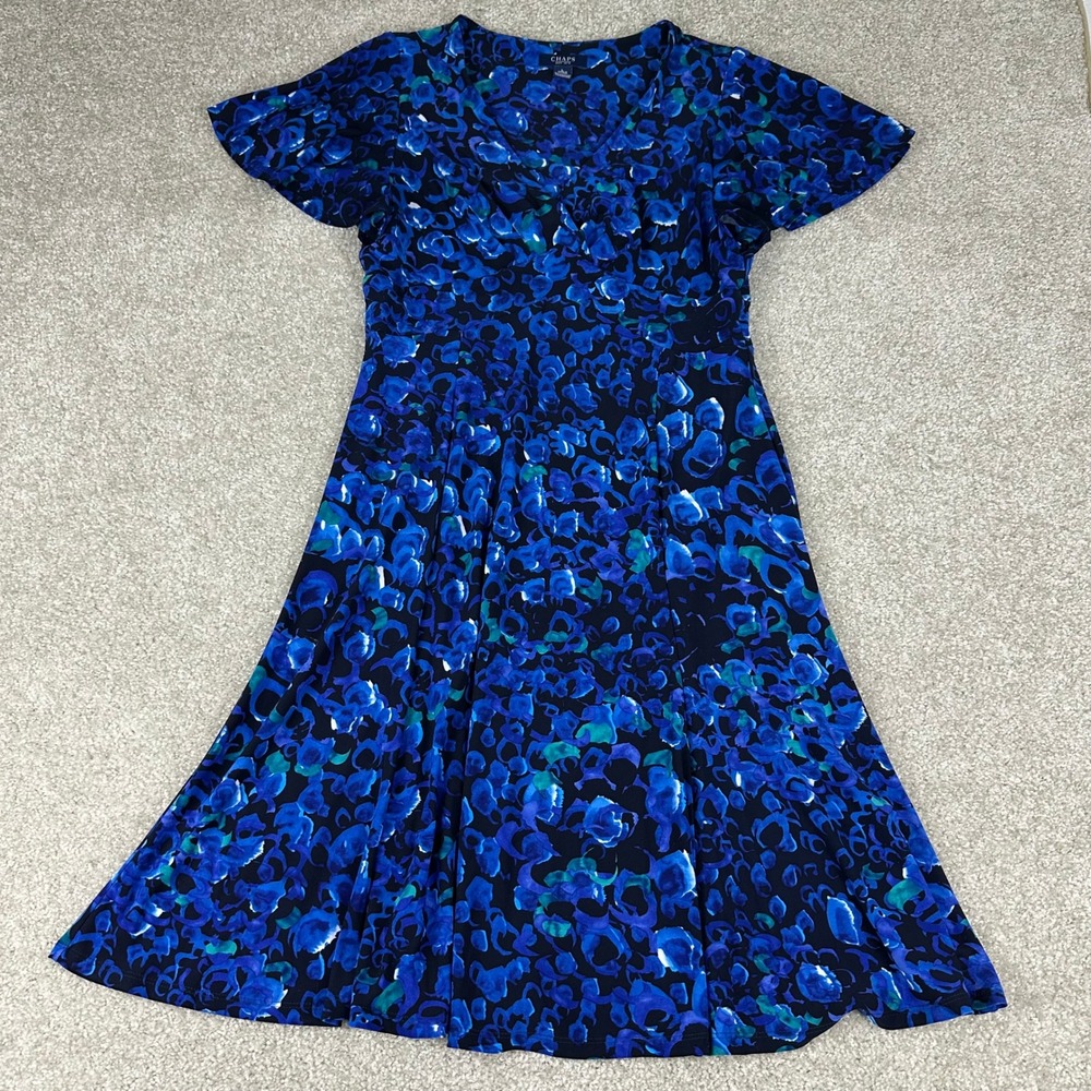 Chaps Womens Blue Floral V-Neck Flutter Sleeve A-Line Midi Dress size Large
